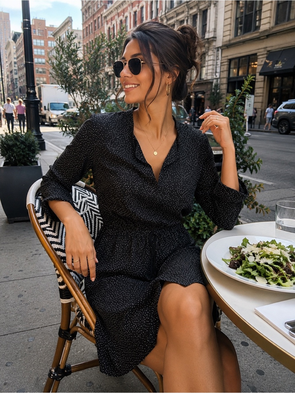 DR2 Black Mini Dress with White Pin Dot Pattern